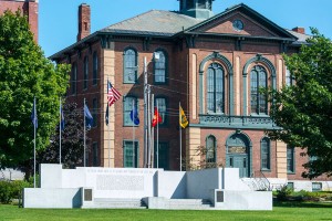 The Civil War Memorial in Taylor Park will provide seating for dignitaries including relatives of two key players in the Oct. 19, 1864 Confederate raid and bank robberies. The St. Albans Historical Museum, in background, will be open throughout the raid anniversary event, Sept. 18 through 21.