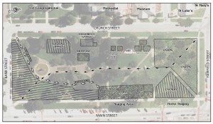 Taylor Park will be the center of activity for raid re-enactments next month. Arrows show the escape route raider re-enactors will take from the stage area and the route of the Heritage Reviews following the performance. Re-enactments take place Saturday, Sept. 20 at 2 p.m. and Sunday, Sept. 21 at 1 p.m. The park offers audience space for 5,000.